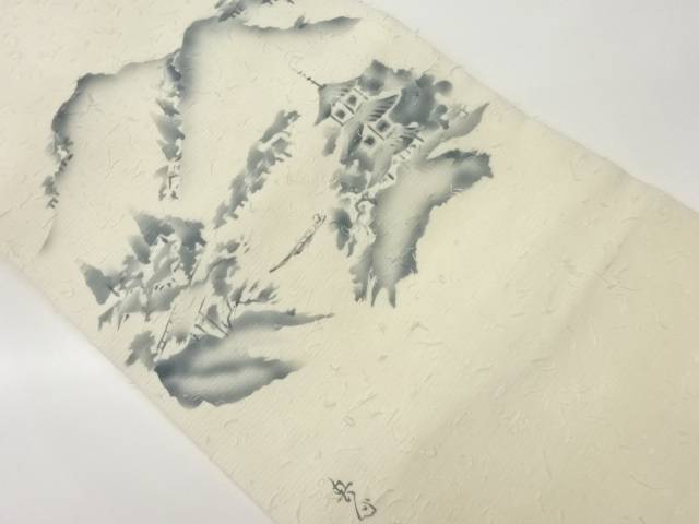 作家物　ひげ紬手描き寺院風景模様名古屋帯【中古】【着】 宗sou