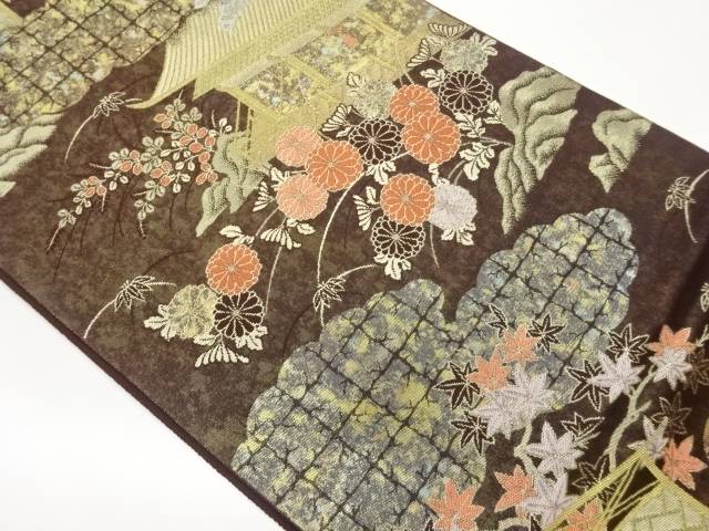引箔雲取りに屋敷・秋草模様織出し袋帯【中古】【着】 宗sou