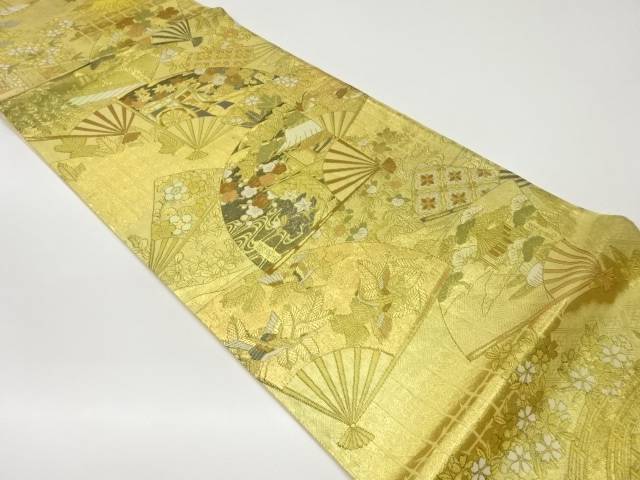 扇に御所車・花鳥模様織出し袋帯【中古】【着】 宗sou