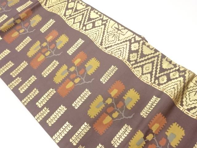 抽象花に幾何学模様織出し名古屋帯【中古】【着】 宗sou