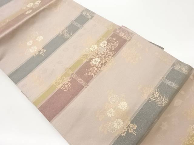 横段に菊・桔梗模様織出し名古屋帯【中古】【着】 宗sou