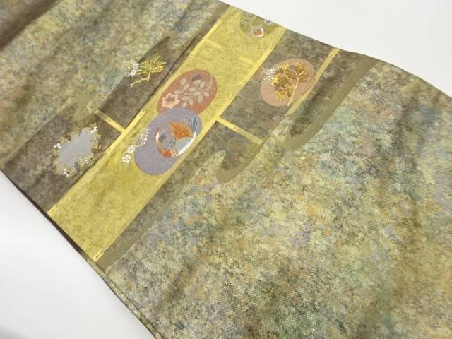 引箔草花・鴛鴦に横段模様織出し名古屋帯【中古】【着】 宗sou