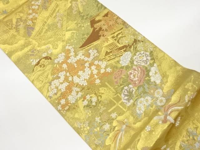 屋敷・花々に山並み模様織出し全通袋帯【中古】【着】 宗sou|お茶道具・着物 【宗 sou】