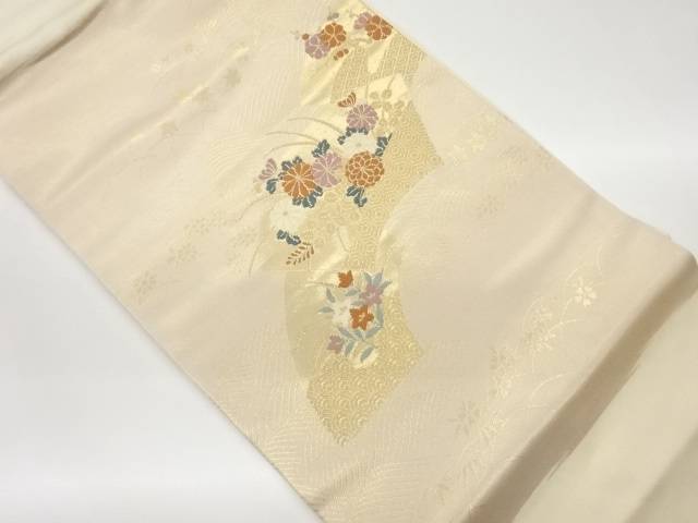 地紙に花々模様織出し名古屋帯【中古】【着】 宗sou
