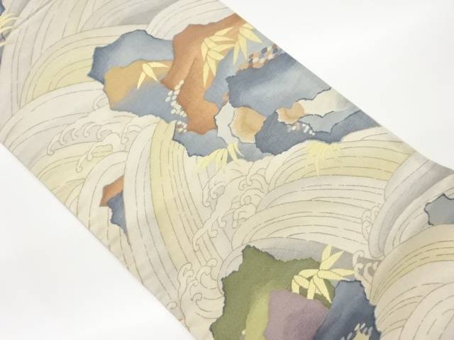 明綴れ荒波に笹・抽象岩模様織出し袋帯【中古】【着】 宗sou