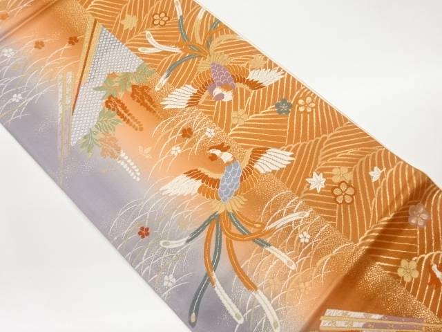 鳳凰に草花・扇模様織出し袋帯【中古】【着】 宗sou