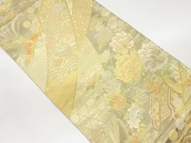 九百佐賀錦花車に鳳凰・古典柄模様織出し袋帯【中古】【着】 宗sou