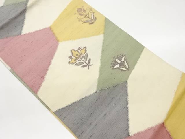 手織り紬切り嵌め風草花模様織出し名古屋帯【中古】【着】 宗sou