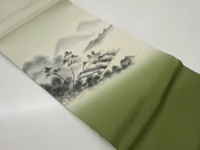 作家物　塩瀬手描き民家に草木・山・風景模様名古屋帯【中古】【着】 宗sou
