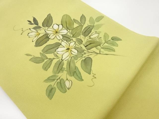 作家物　縮緬地手描き金彩花々模様開き名古屋帯（額縁仕立て）【中古】【着】【名古屋帯】 宗sou