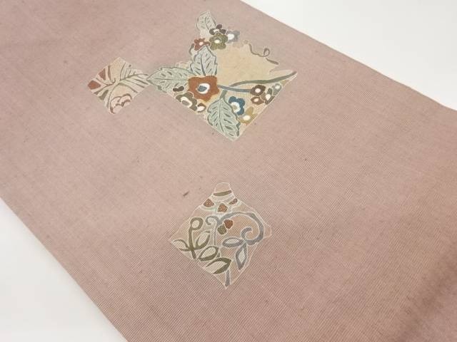 手織り紬銀通し金駒刺繍変わり色紙に花葉模様名古屋帯【中古】【着】【名古屋帯】 宗sou|お茶道具・着物 【宗 sou】