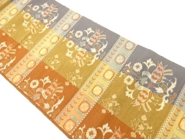 手織り紬横段に花鳥模様織出し名古屋帯【中古】【着】【名古屋帯】 宗sou