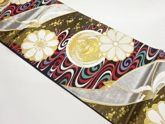 流水に鳳凰・菊・色紙散らし模様織出し袋帯【中古】【着】【袋帯】 宗sou｜お茶道具・着物　【宗 sou】