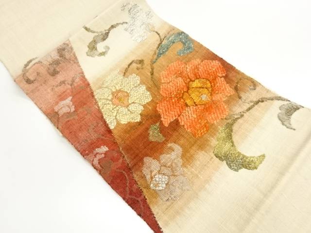 手織り真綿紬花唐草模様織出し名古屋帯【中古】【着】【名古屋帯】 宗sou｜お茶道具・着物　【宗 sou】