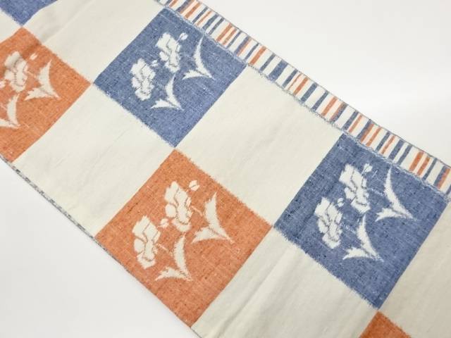 手織り紬市松に草花模様織出し名古屋帯【中古】【着】【名古屋帯】 宗sou