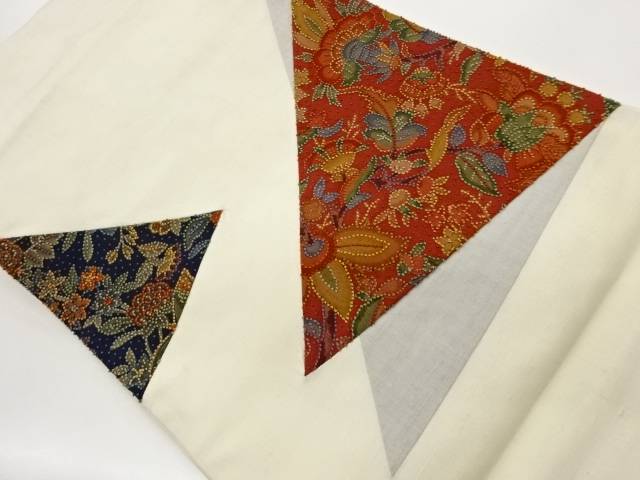 手織り紬パッチワーク蘇州刺繍三角に花唐草模様名古屋帯【中古】【着】【名古屋帯】 宗sou|お茶道具・着物 【宗 sou】