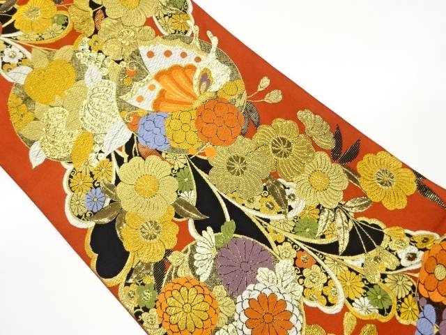 紙布丸文に蝶・花々模様織出し袋帯【中古】【着】【袋帯】 宗sou