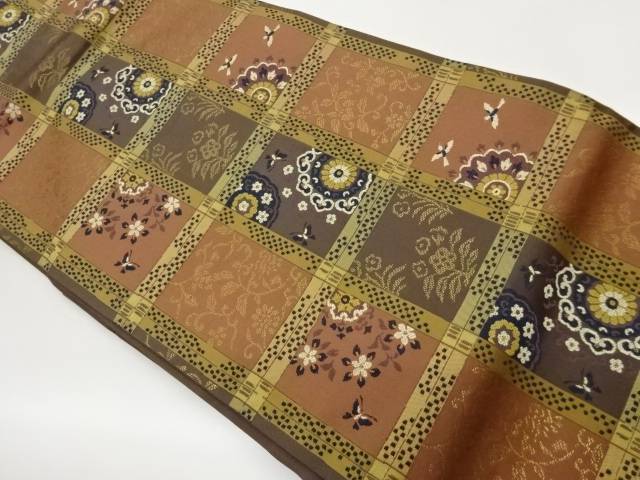 格子に華紋・花々模様織出し名古屋帯【中古】【着】【名古屋帯】 宗sou
