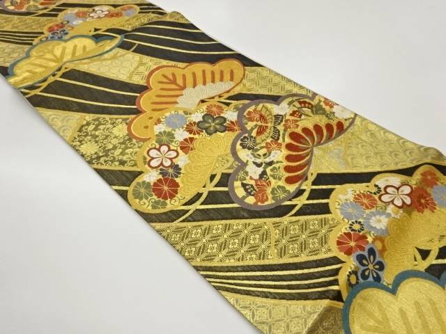 松に菊唐草・花々・蝶模様織出し袋帯【中古】【着】【袋帯】 宗sou