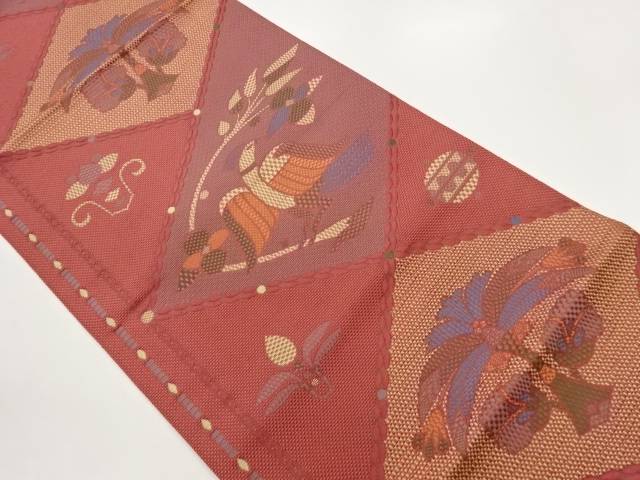 本場筑前博多菱に抽象草花・鳥模様織出し名古屋帯【中古】【着】【名古屋帯】 宗sou