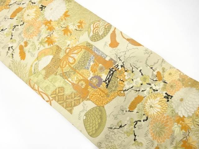 貝桶に菊・枝梅模様織り出し丸帯（材料）【アンティーク】【中古】【着】【丸帯】 宗sou
