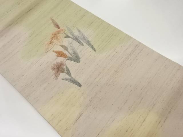 手織り紬曲線状の形に花ショウブ飾りつけ刺しゅう名古屋帯【中古】【着】【名古屋帯】 宗sou