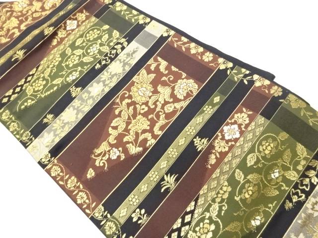 横段に花唐草模様織出し名古屋帯【中古】【着】【名古屋帯】 宗sou