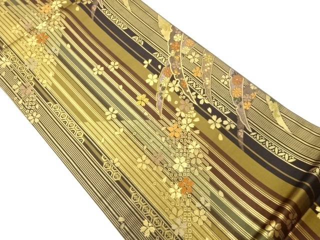 縞に雪芝・桜・花々模様織出し袋帯【中古】【着】【袋帯】 宗sou