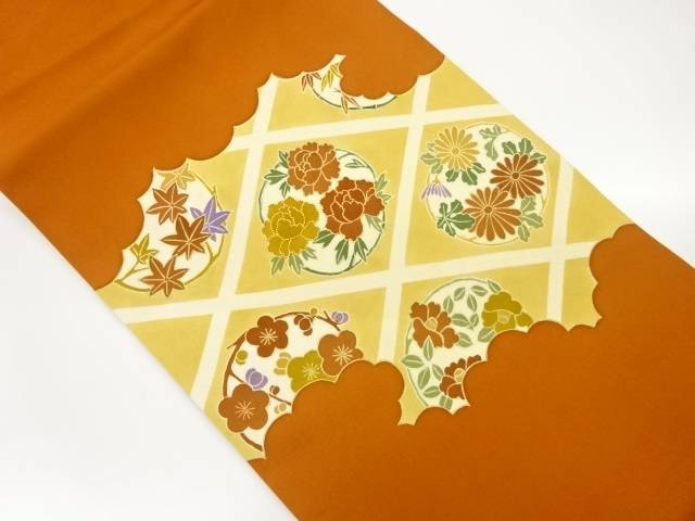 塩瀬金彩金駒刺繍格子に花丸文模様名古屋帯【中古】【着】【名古屋帯】 宗sou