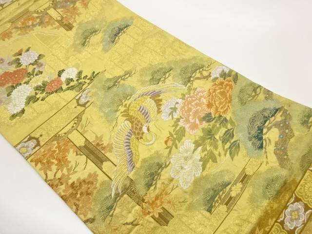 雲に格子・花々・鶴・松模様織出し袋帯【中古】【着】【袋帯】 宗sou