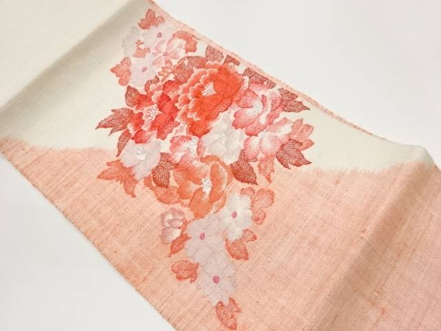 手織り真綿紬花々・葉模様織出し名古屋帯【中古】【着】【名古屋帯】 宗sou