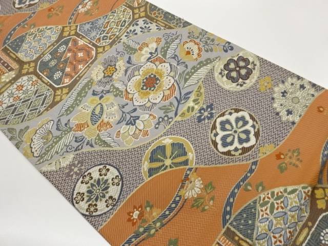 変わり立涌に花葉模様織出し袋帯【中古】【着】【袋帯】 宗sou｜お茶道具・着物　【宗 sou】