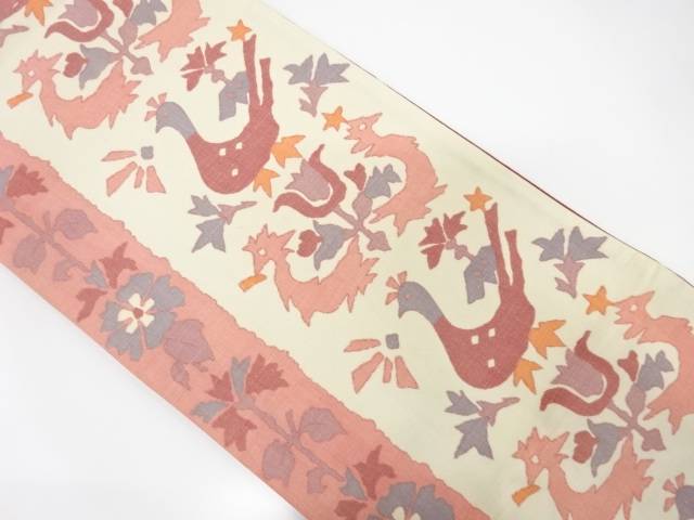 手織り節紬　花鳥模様織り出し全通袋帯【中古】【着】【袋帯】 宗sou