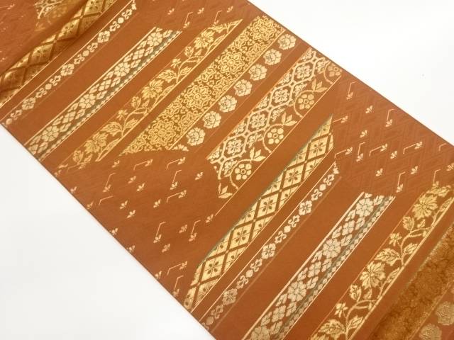 横段に花々・華紋模様織出し開き名古屋帯（額縁仕立て）【中古】【着】【名古屋帯】 宗sou