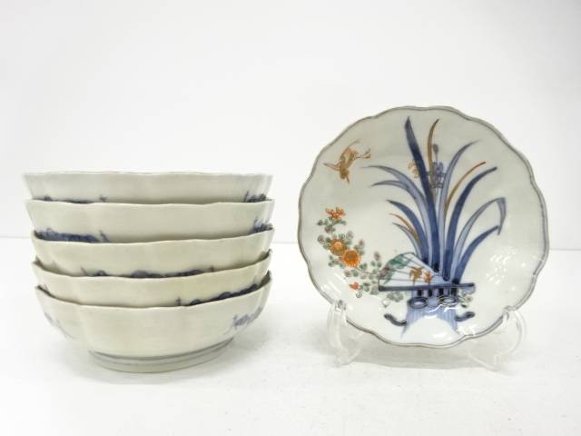 古伊万里　染付赤絵　鶴に花　なます皿　6客揃【中古】【道】 宗sou