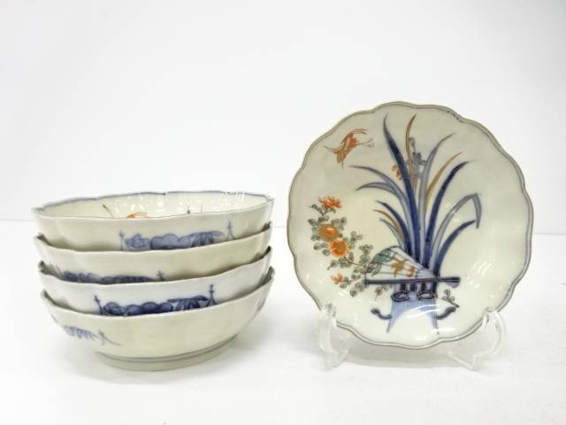 古伊万里 染付赤絵 鶴に花 なます皿 5客揃【中古】【道】 宗sou