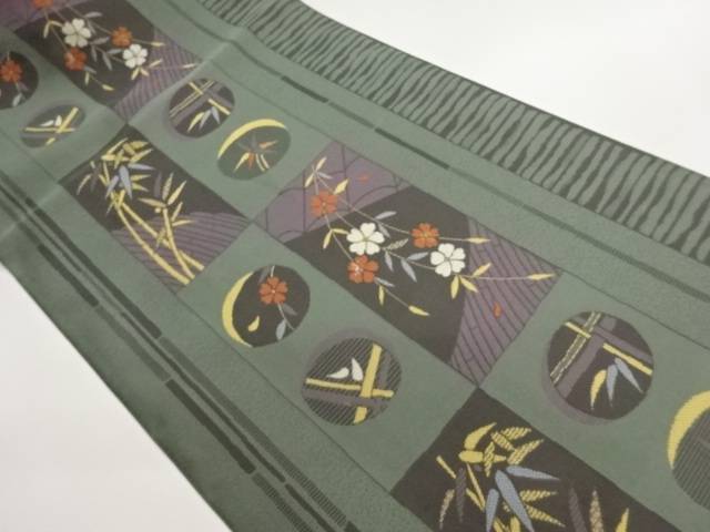 短冊に枝垂れ桜・竹模様織出し名古屋帯【中古】【着】【名古屋帯】 宗sou