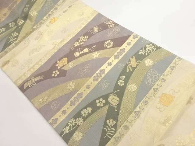 波に和道具・草花模様織出し名古屋帯【中古】【着】【名古屋帯】 宗sou