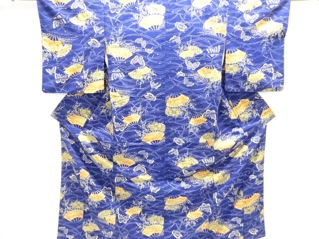 扇に蝶模様手織り紬着物【中古】【着】【紬・お召し】 宗sou