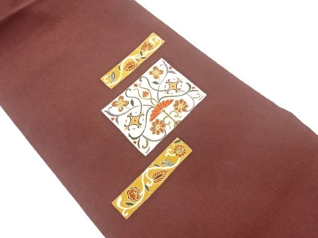 縮緬地金彩四角に花唐草模様名古屋帯【中古】【着】【名古屋帯】 宗sou