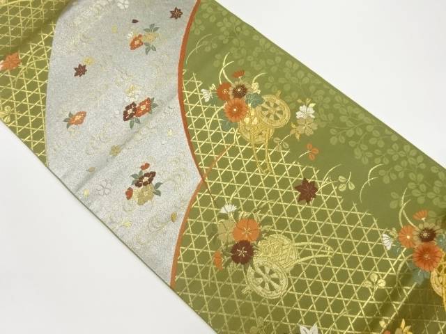 籠目・ヱ霞・花車に花々模様織出し袋帯【中古】【着】【袋帯】 宗sou