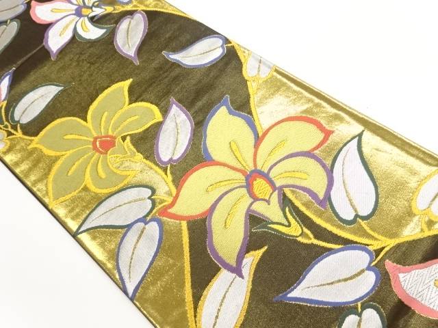金糸曲線に花葉模様織出し袋帯【中古】【着】【袋帯】 宗sou｜お茶道具・着物　【宗 sou】