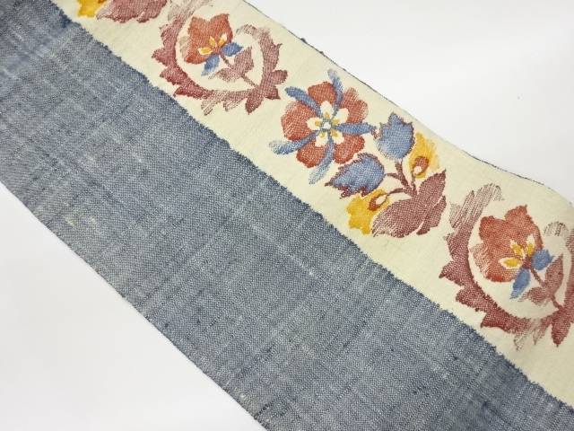 手織り真綿紬縞に草花模様織出し名古屋帯【中古】【着】【名古屋帯】 宗sou