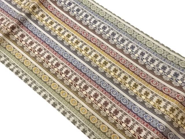 縞に華紋・花唐草模様織出し名古屋帯【中古】【着】【名古屋帯】 宗sou