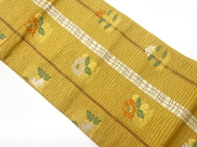 縞に草花模様織出し名古屋帯【中古】【着】【名古屋帯】 宗sou