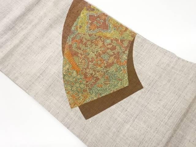 手織り紬切り嵌め相良刺繍地紙に花々模様名古屋帯【中古】【着】【名古屋帯】 宗sou|お茶道具・着物 【宗 sou】