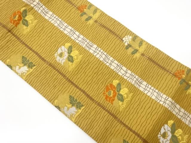 縞に角倉文・草花模様織出し名古屋帯【中古】【着】【名古屋帯】 宗sou｜お茶道具・着物　【宗 sou】