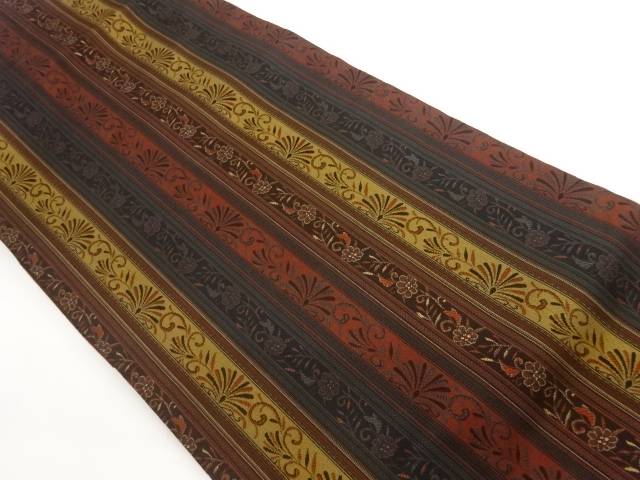 縞に花唐草模様織出し名古屋帯【中古】【着】【名古屋帯】 宗sou