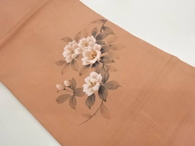 手織り紬手描き椿模様名古屋帯【中古】【着】【名古屋帯】 宗sou