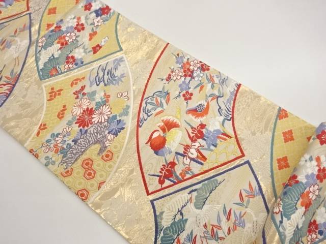 地紙に鳥・松竹梅・花々模様織出し袋帯【中古】【着】【袋帯】 宗sou